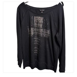 Rock & Republic size XL black long sleeve silver metallic cross graphic & bling